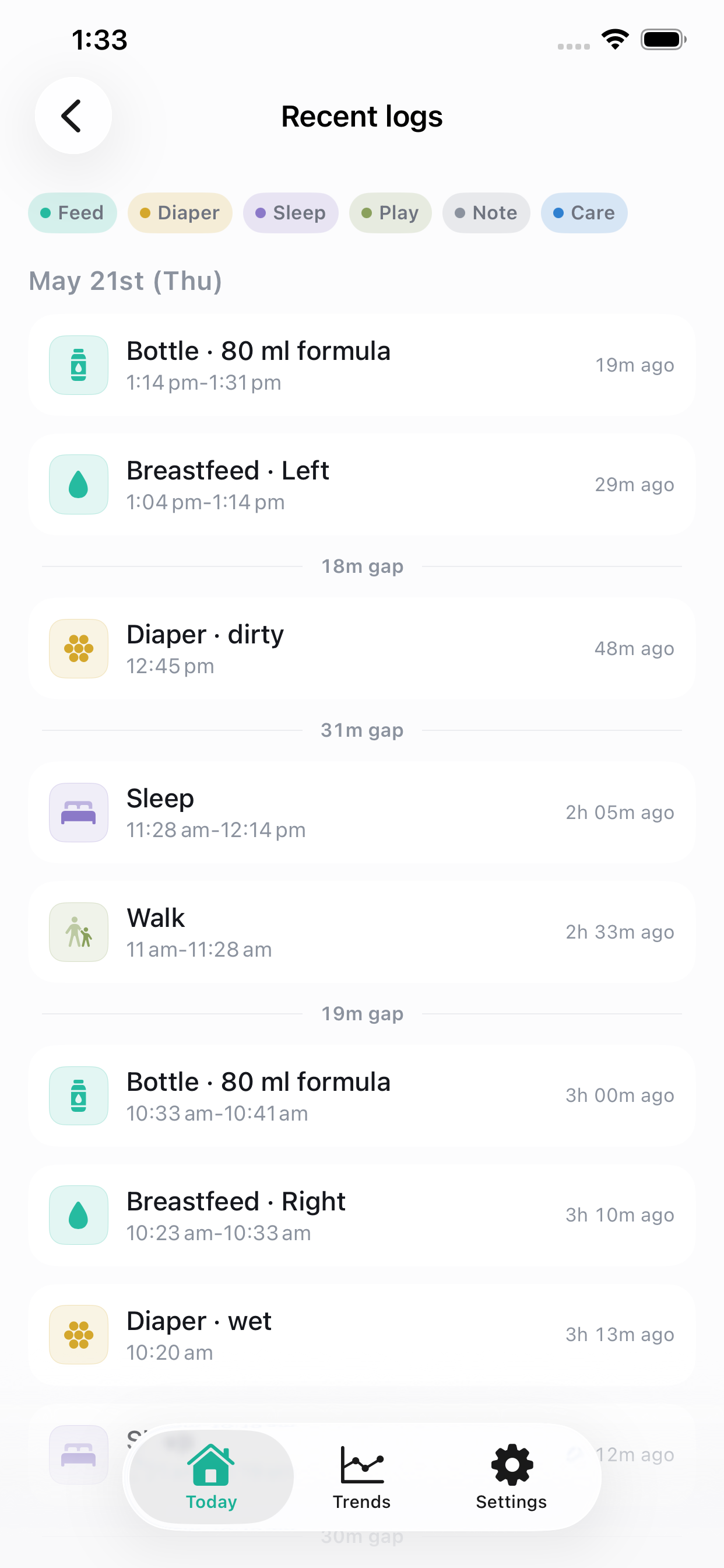 TinyCare recent logs screen showing a shared list of feed, sleep, diaper, play, bath, and note events.