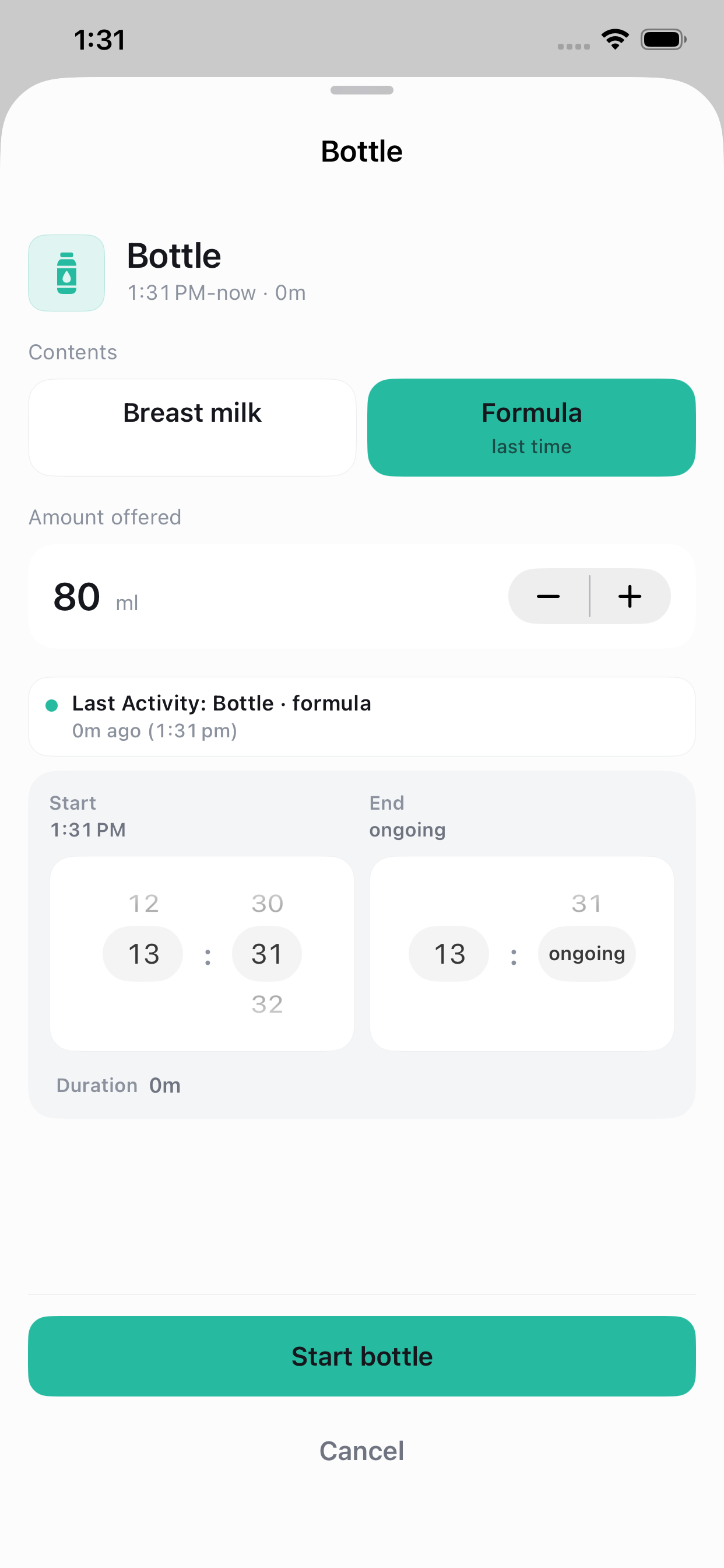 TinyCare activity sheet showing an ongoing bottle feed with start and end time inputs.