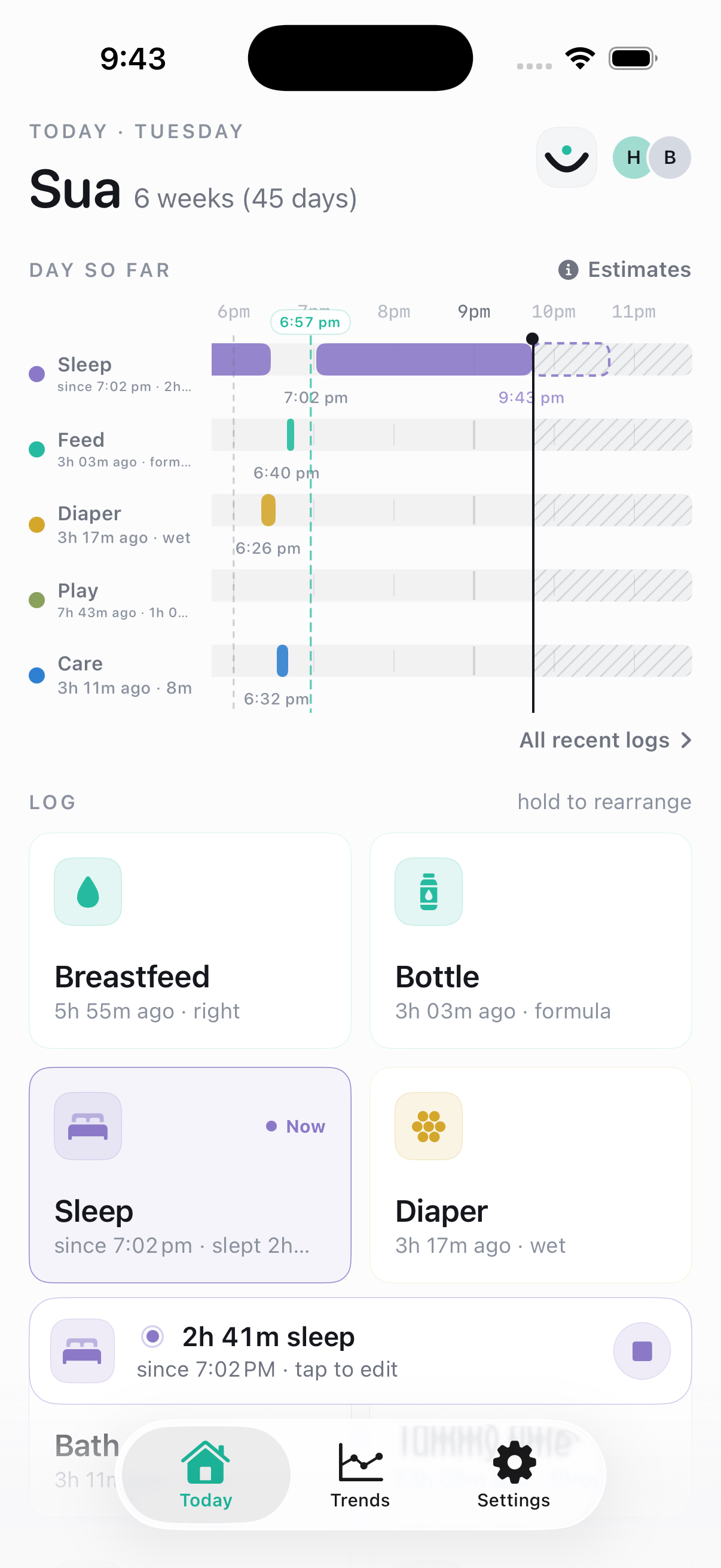 TinyCare Today screen showing the swimlane timeline, activity tiles, and an ongoing sleep session.